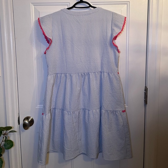 ANDREE Blue/White Seersucker Dress w/Pink Trim - Picture 2 of 5
